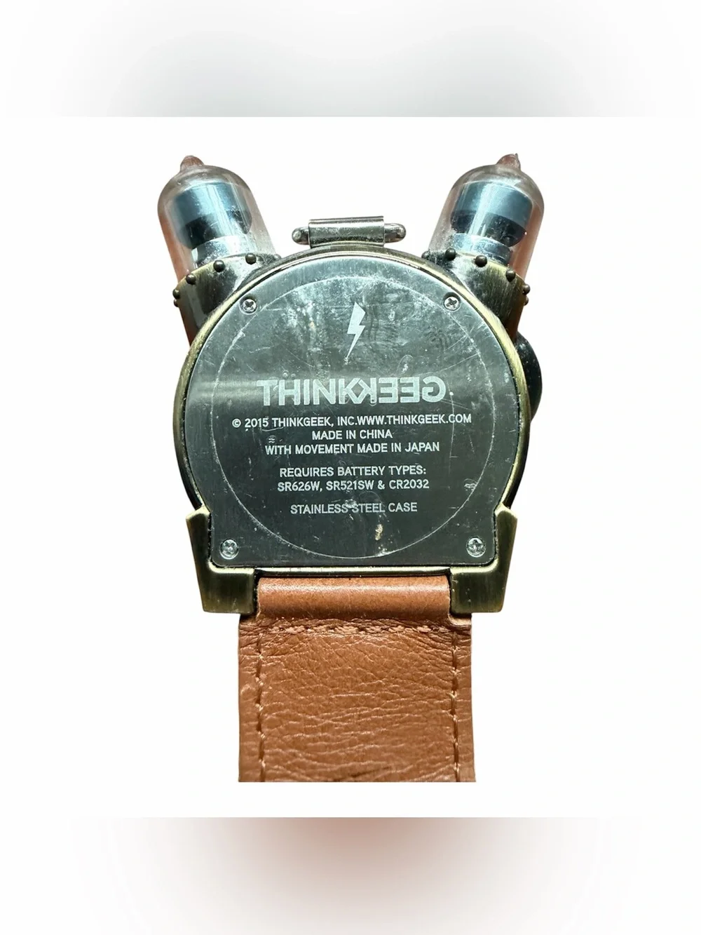 ThinkGeek Steampunk Tesla Analog Watch Leather Strap W/ Key Stainless Steel Case